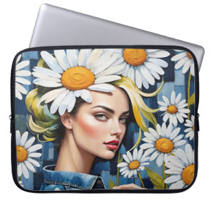 Woman's Face with Daisies and Denim Patchwork Laptop Sleeve