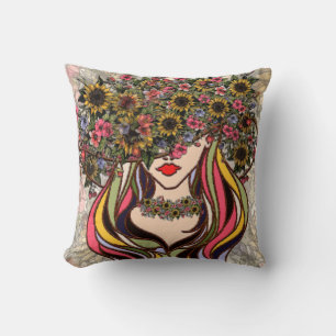 Woman's face, with flowers and butterflies throw p cushion