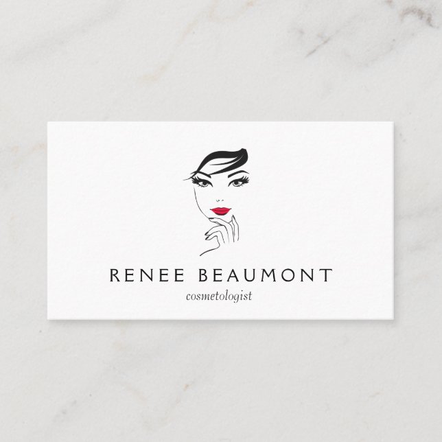 Woman's Face with Red Lips Elegant White Business Card (Front)