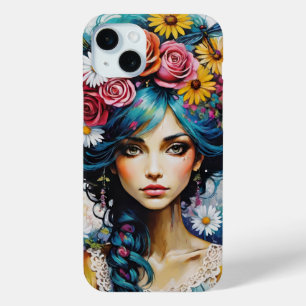Woman's Face with Roses and Daisies watercolor iPhone 15 Mini Case