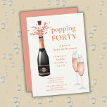 Woman's Funny Popping Champagne 40th Birthday Invitation<br><div class="desc">Toast to forty in modern style with this chic champagne-themed birthday invitation. Designed on a light off-white background, the invitation features a dynamic popping champagne bottle on the left in sleek black and rose tones, paired with the playful headline “Popping Forty.” Two pink champagne glasses in the lower right add...</div>