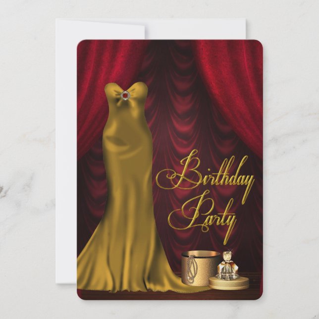 Womans Glamourous Ruby Red Gold Birthday Party Invitation (Front)