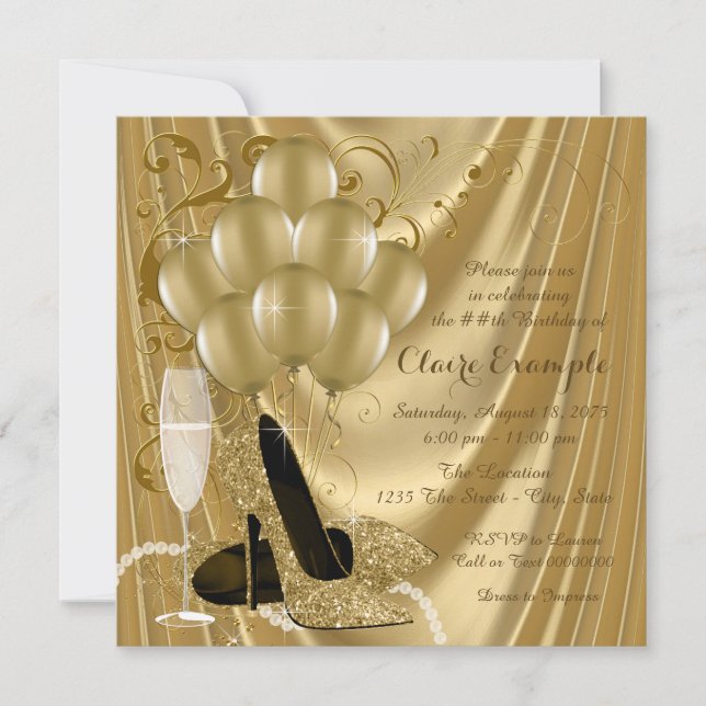 Womans Gold Birthday Party Satin Glamour Invitation (Front)