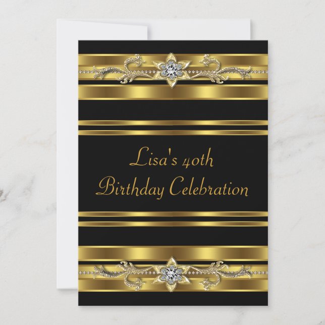 Womans Gold Black 40th Birthday Party Invitation (Front)