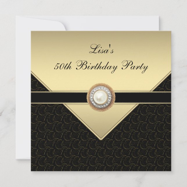 Womans Gold Black 50th Birthday Party Invitation (Front)