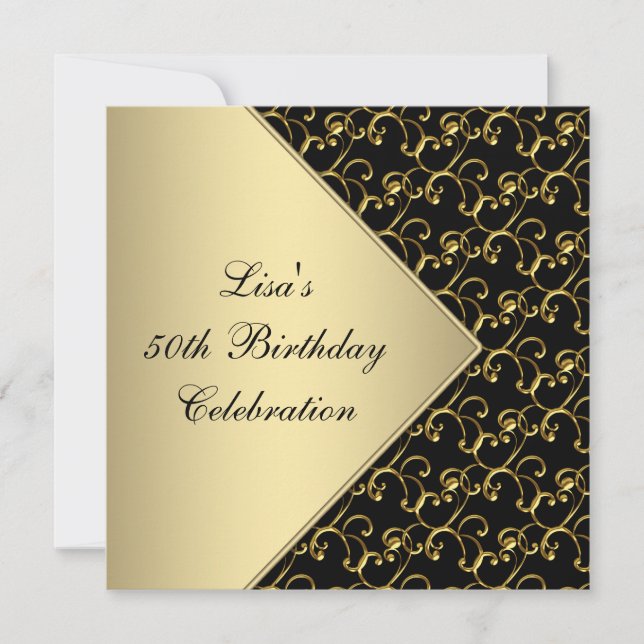 Womans Gold Black Classy 50th Birthday Party Invitation (Front)