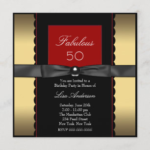Womans Gold Black Red 50th Birthday Party Invitation