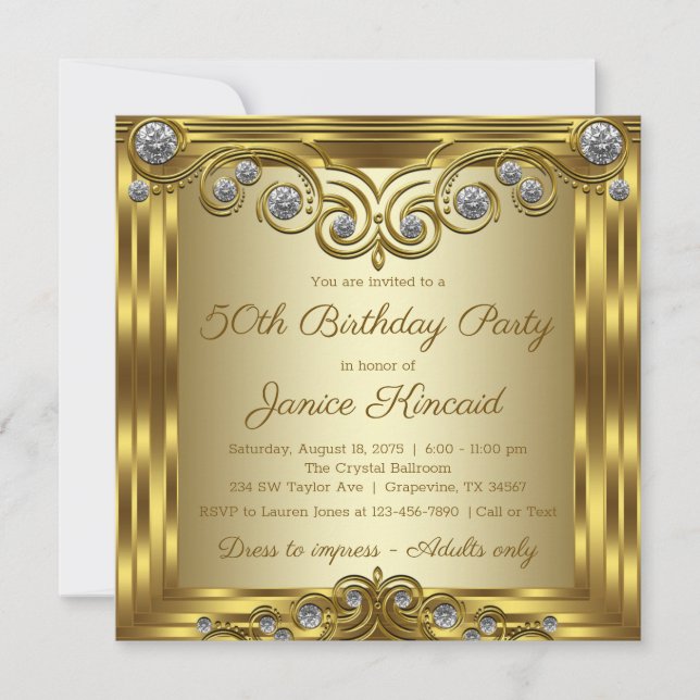 Womans Gold Diamond Glam Birthday Party Invitation (Front)