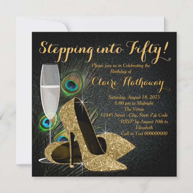 Womans Gold Peacock Birthday Party Invitation (Front)