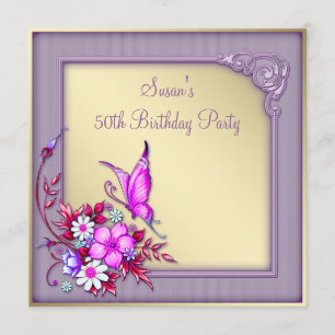 Womans Gold Purple Butterfly 50th Birthday Party Invitation