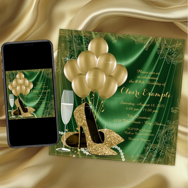 Womans Green and Gold Birthday Party Satin Glitter Invitation (Womans emerald green and gold birthday party invitations. Any age. Digital and printed available.)