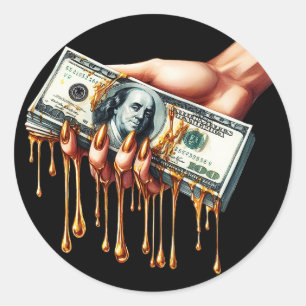 womans hand 100 dollar bill liquid gold dripping classic round sticker
