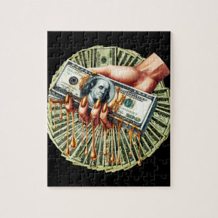womans hand 100 dollar bills dripping liquid gold  jigsaw puzzle
