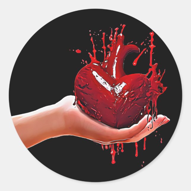 womans hand holding bloody Heart heartbreak  Art Classic Round Sticker (Front)