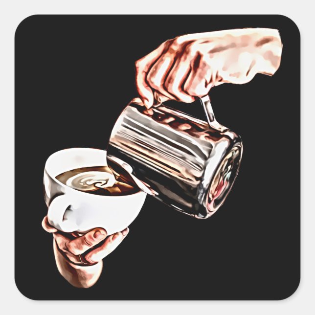 womans hand pouring coffee digital art painting square sticker (Front)