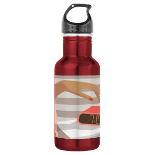 Womans hand pushing on alarm clock snooze button 532 ml water bottle