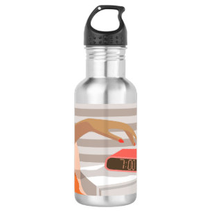 Womans hand pushing on alarm clock snooze button 532 ml water bottle