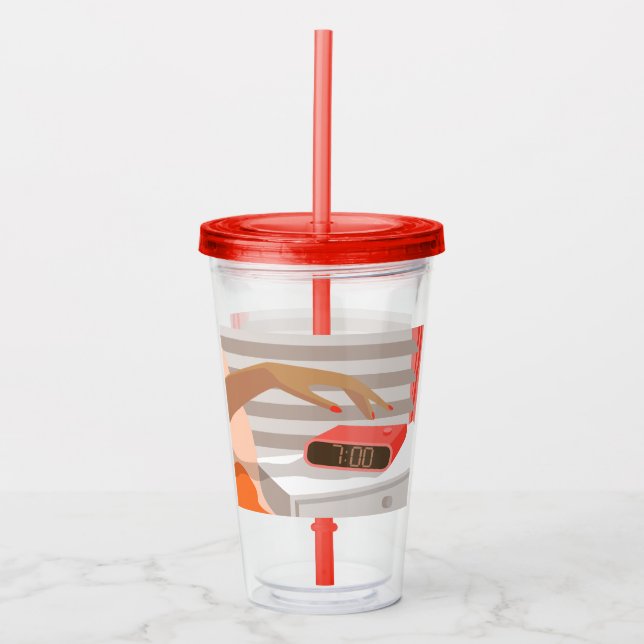 Womans hand pushing on alarm clock snooze button acrylic tumbler (Front)