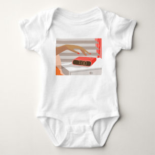 Womans hand pushing on alarm clock snooze button baby bodysuit
