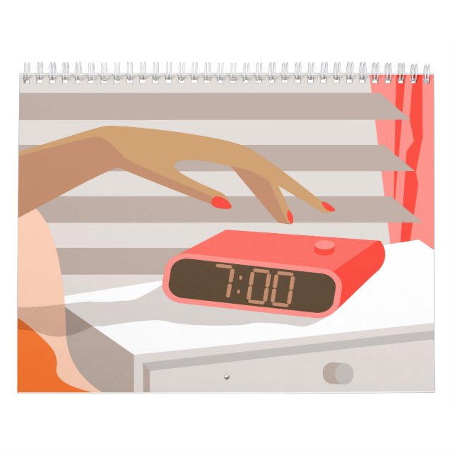 Womans hand pushing on alarm clock snooze button calendar (Cover)