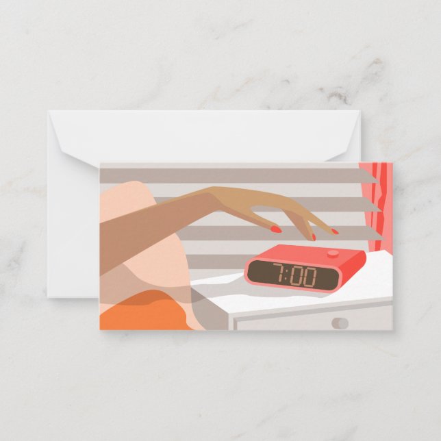 Womans hand pushing on alarm clock snooze button card (Front)