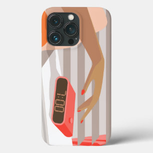 Womans hand pushing on alarm clock snooze button iPhone 13 pro case