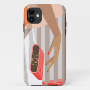 Womans hand pushing on alarm clock snooze button iPhone 11 case
