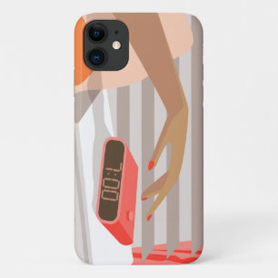 Womans hand pushing on alarm clock snooze button iPhone 11 case