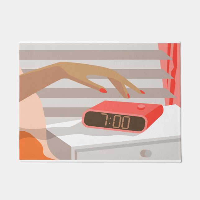 Womans hand pushing on alarm clock snooze button doormat (Front)