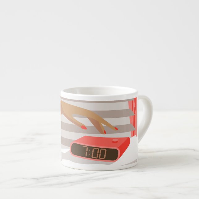 Womans hand pushing on alarm clock snooze button espresso cup (Front Right)