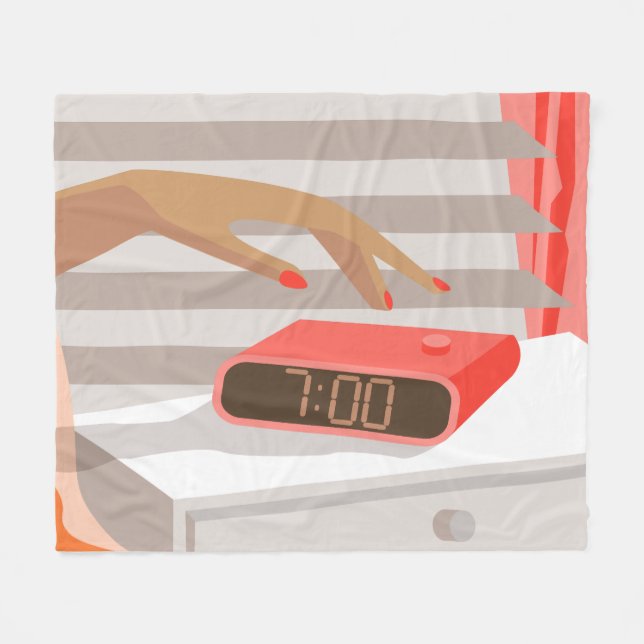 Womans hand pushing on alarm clock snooze button fleece blanket (Front (Horizontal))