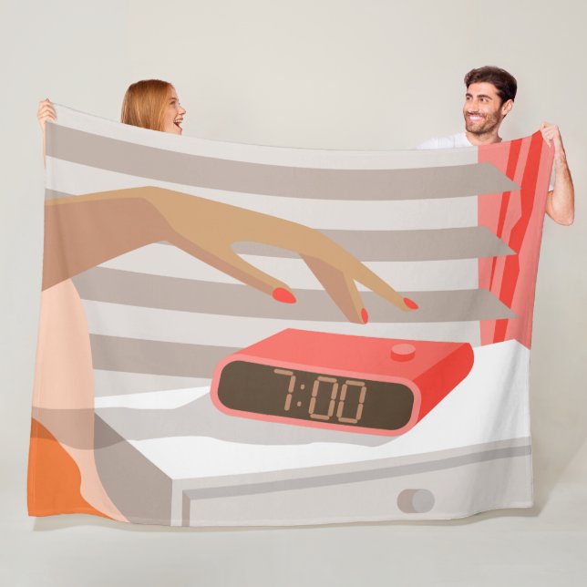 Womans hand pushing on alarm clock snooze button fleece blanket (In Situ)