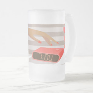 Womans hand pushing on alarm clock snooze button frosted glass beer mug