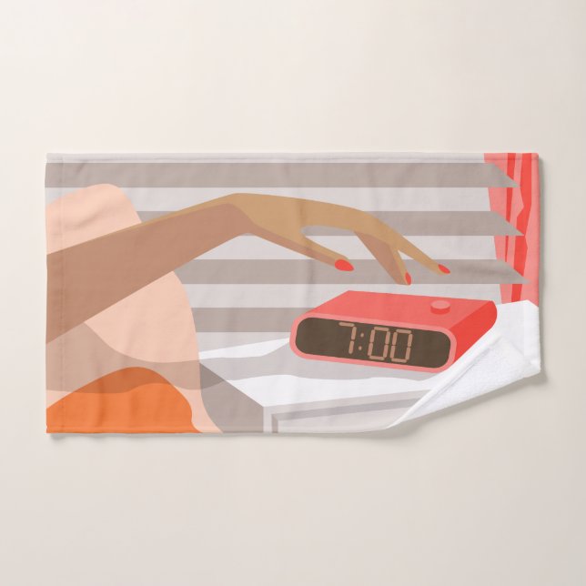 Womans hand pushing on alarm clock snooze button hand towel (Hand Towel)