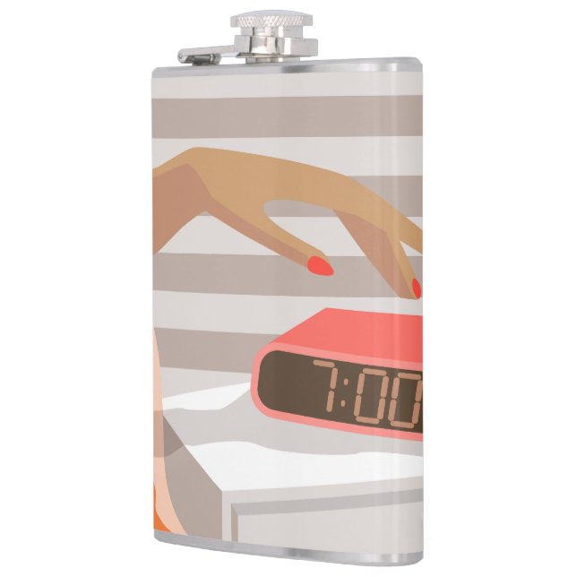 Womans hand pushing on alarm clock snooze button hip flask (Left)