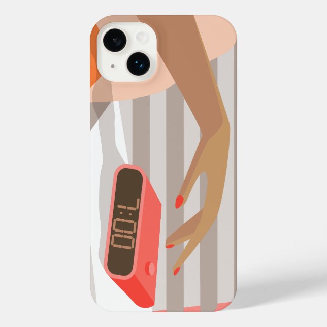 Womans hand pushing on alarm clock snooze button iPhone case (Back)