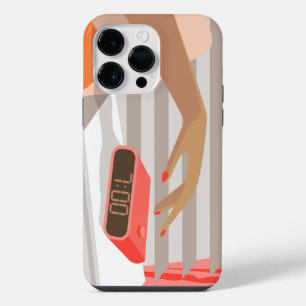Womans hand pushing on alarm clock snooze button iPhone 14 pro max case