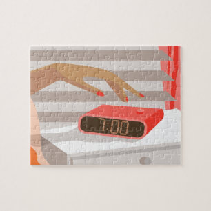 Womans hand pushing on alarm clock snooze button jigsaw puzzle