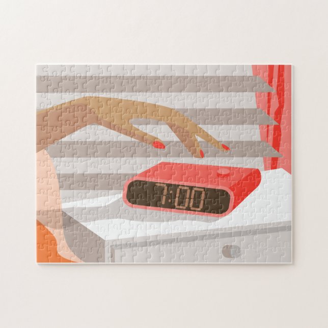 Womans hand pushing on alarm clock snooze button jigsaw puzzle (Horizontal)