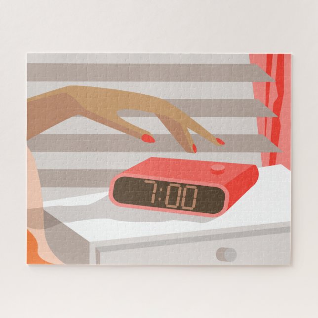 Womans hand pushing on alarm clock snooze button jigsaw puzzle (Horizontal)