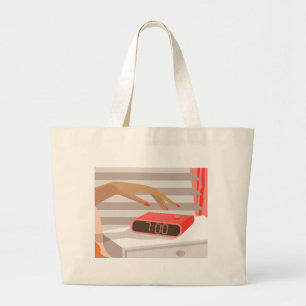 Womans hand pushing on alarm clock snooze button large tote bag