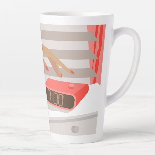 Womans hand pushing on alarm clock snooze button latte mug (Right)