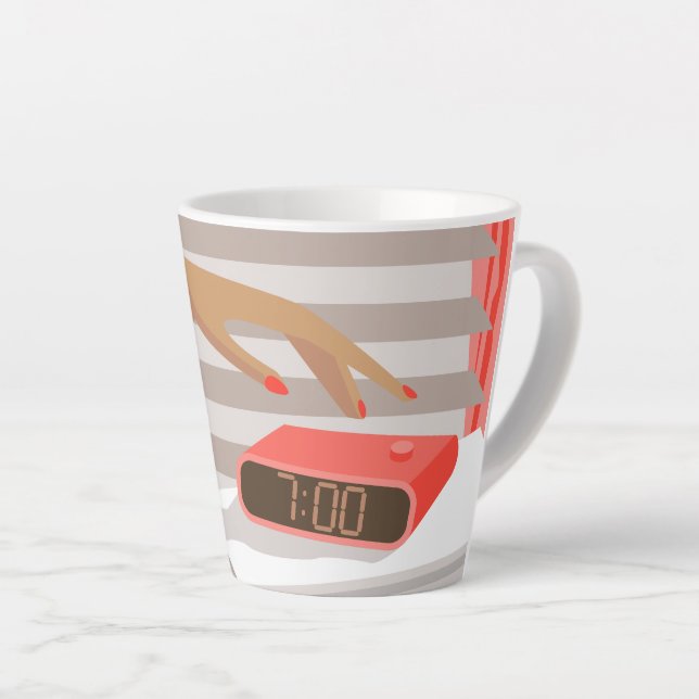 Womans hand pushing on alarm clock snooze button latte mug (Right Angle)
