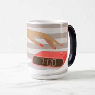 Womans hand pushing on alarm clock snooze button magic mug