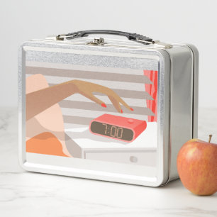 Womans hand pushing on alarm clock snooze button metal lunch box