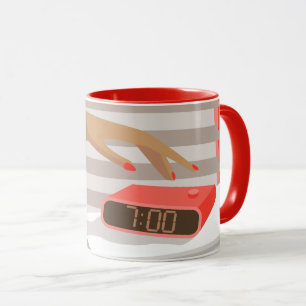 Womans hand pushing on alarm clock snooze button mug