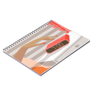 Womans hand pushing on alarm clock snooze button notebook