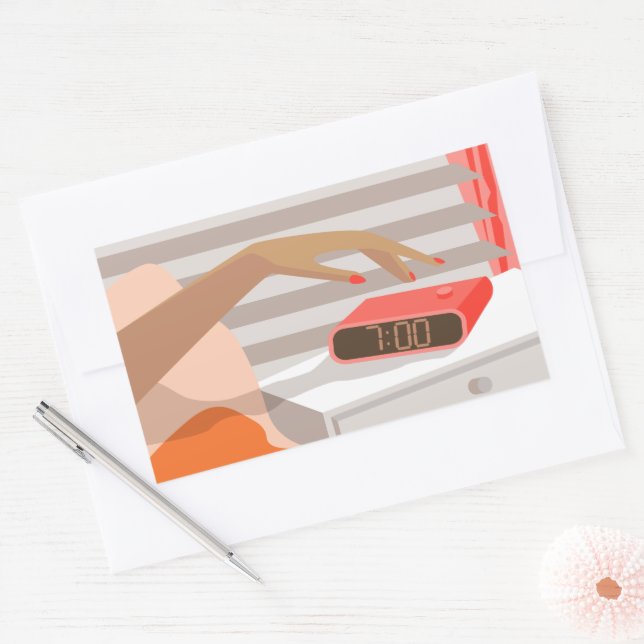 Womans hand pushing on alarm clock snooze button rectangular sticker (Envelope)