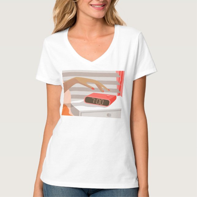 Womans hand pushing on alarm clock snooze button T-Shirt (Front)