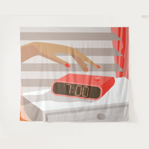 Womans hand pushing on alarm clock snooze button tapestry